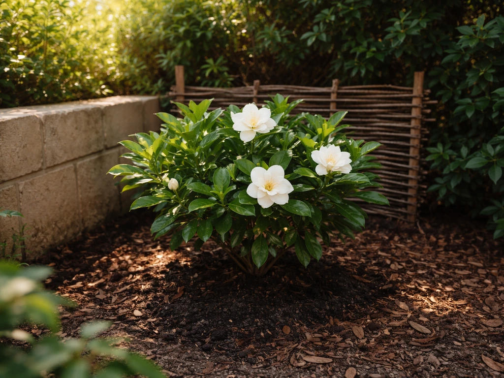 Gardenia planted in a sheltered yard spot with morning sun, afternoon shade, and wind protection.