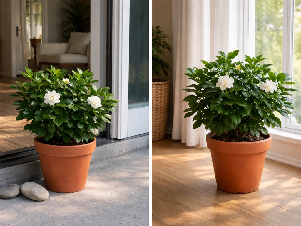 Potted gardenia on a sunny patio, with the same plant moved indoors to a bright window for winter.
