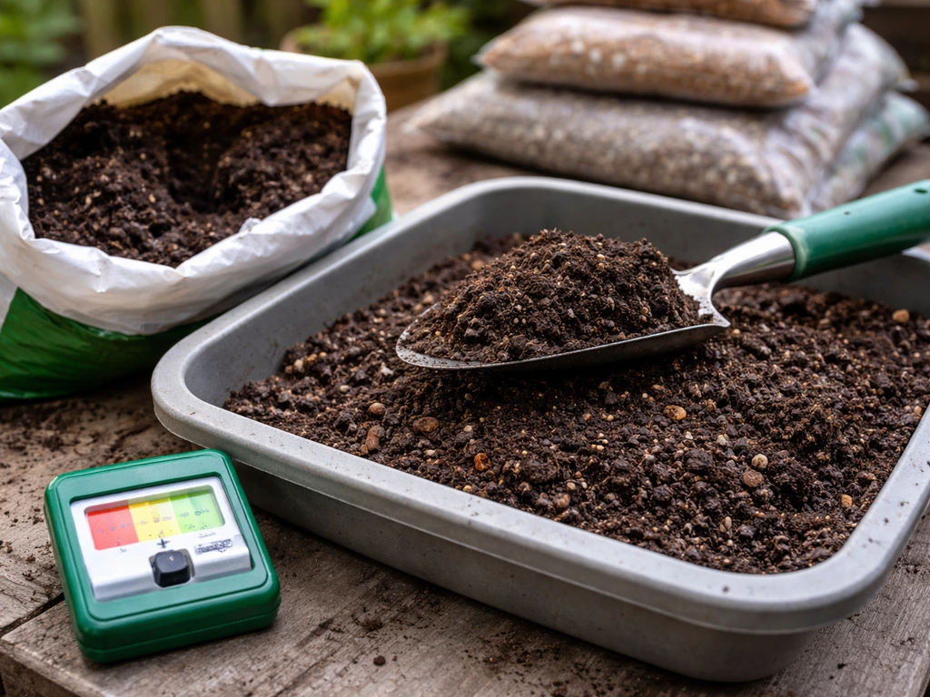 Close-up of acidic soil prep: pH test kit reading beside bagged compost and soil mixture