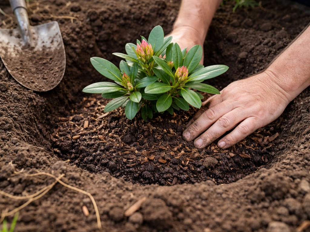 Gardener hands set a rhododendron into a wide planting hole with mulch around the crown.