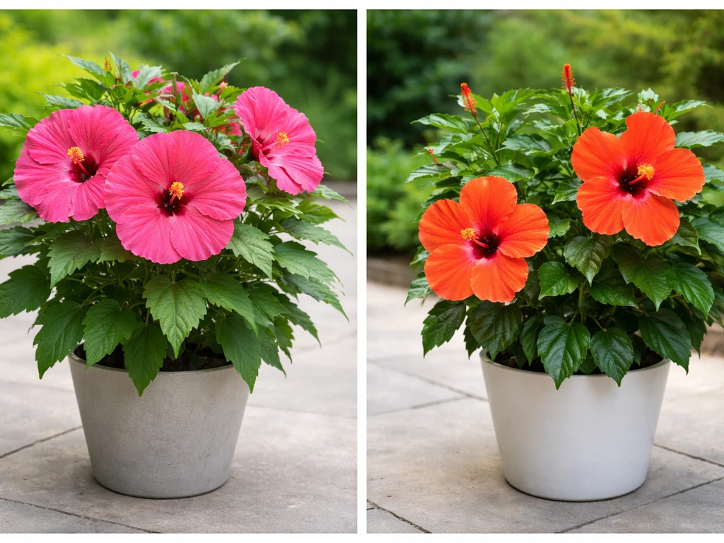 Side-by-side view of hardy and tropical hibiscus flowers with lush foliage in simple outdoor pots.