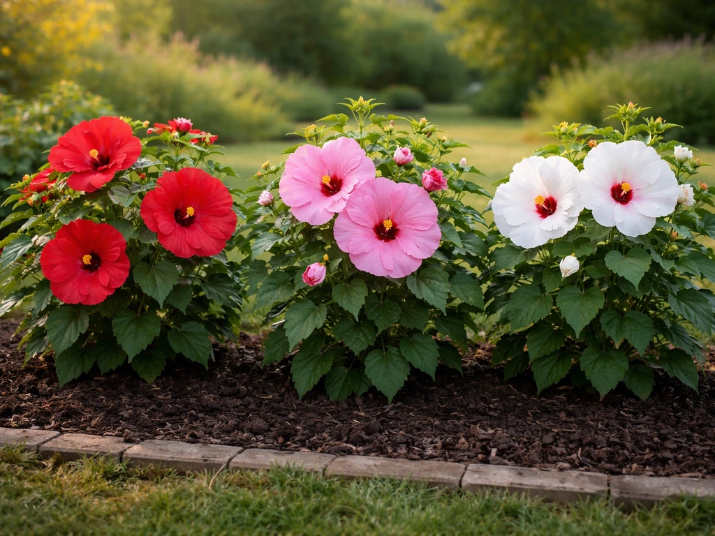 Three compact hardy hibiscus plants blooming red, pink, and white in a simple garden bed.