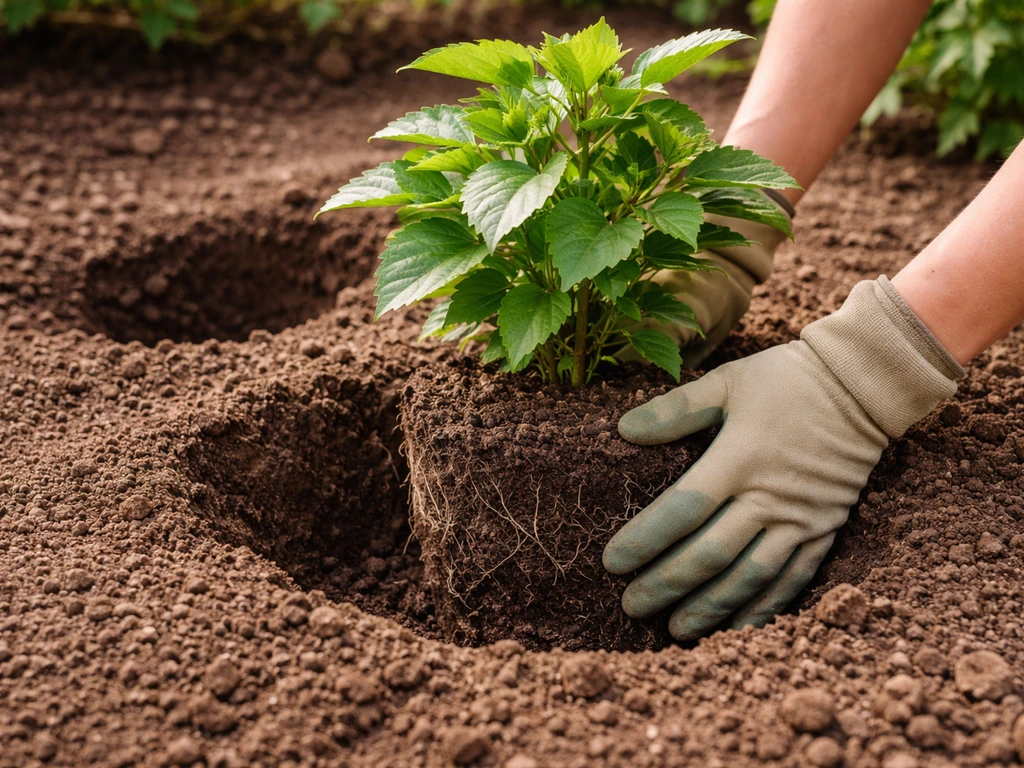 Gardener placing a hardy hibiscus into a warmed soil hole in a Utah garden bed with alkaline-aware soil mix.