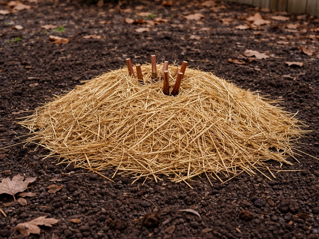 Hardy hibiscus cut back and covered with a straw mulch mound after the first frost