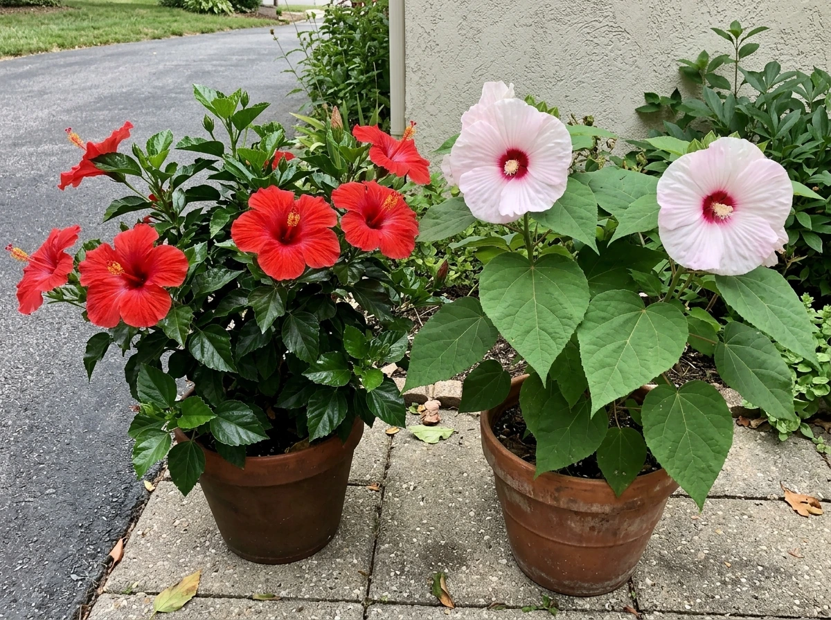 Side-by-side tropical vs hardy hibiscus plants showing different growth and bloom types