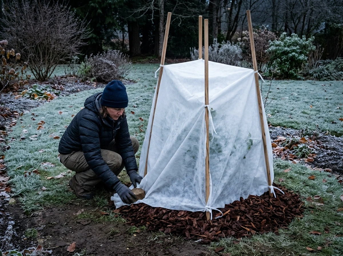 Frost blanket covering an in-ground tropical hibiscus in a borderline zone
