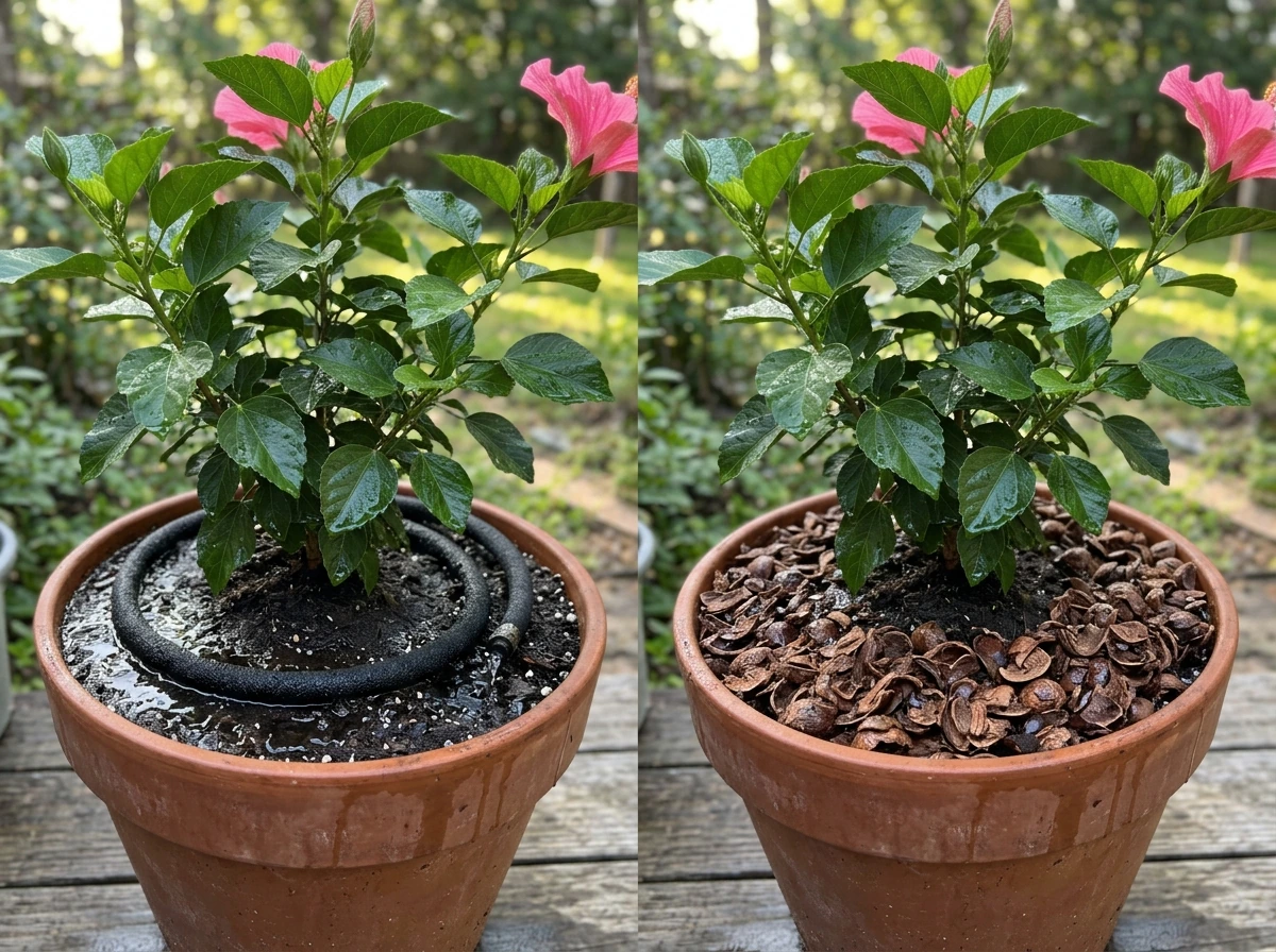 Hibiscus watering and spacing shown with drip/soaker setup and mulch ring