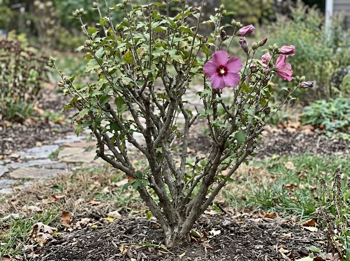 Hardy hibiscus shrub with multi-stems and white/purple blooms in a cool-season garden