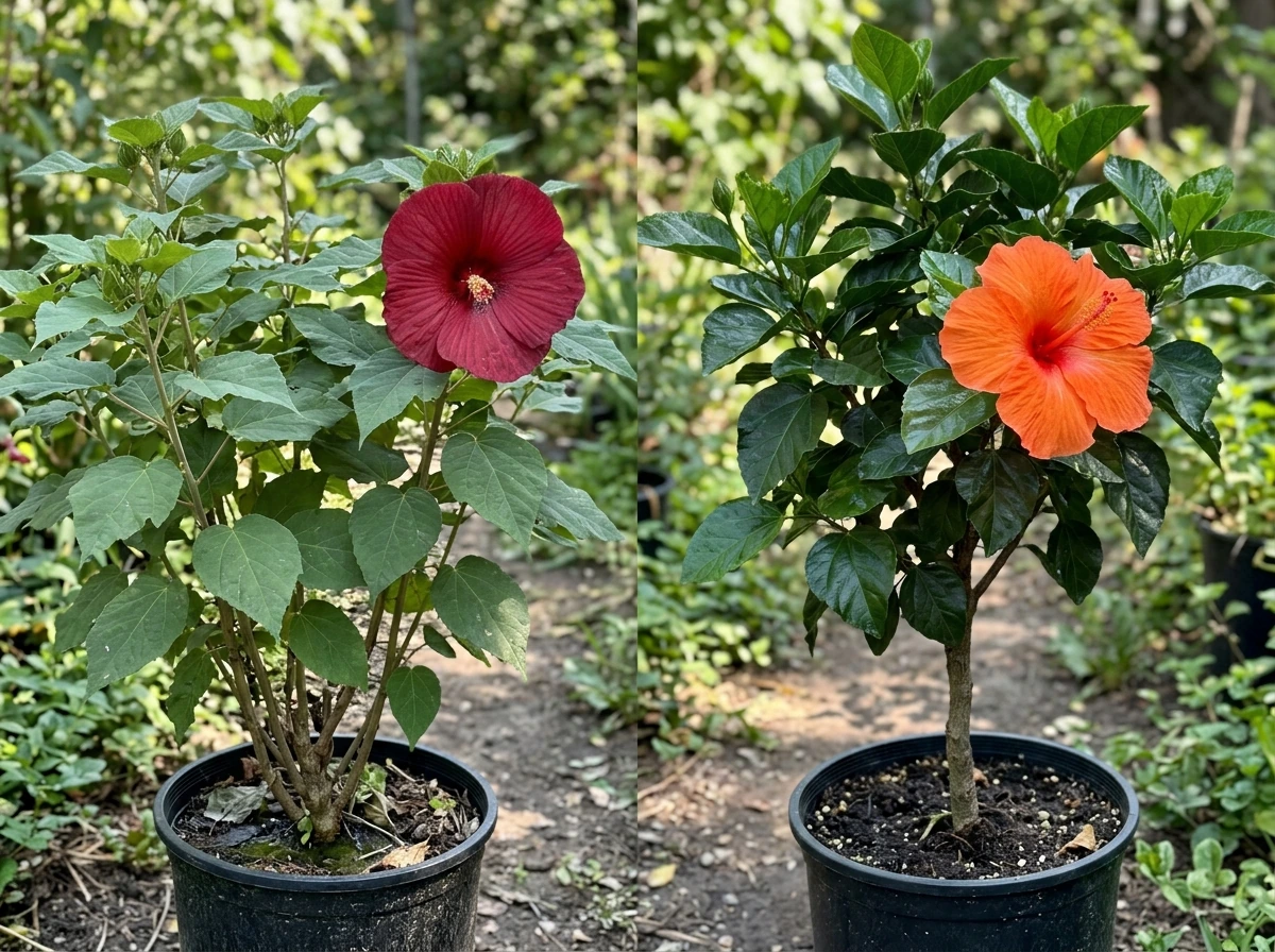 Side-by-side comparison of hardy vs tropical hibiscus forms and flowers
