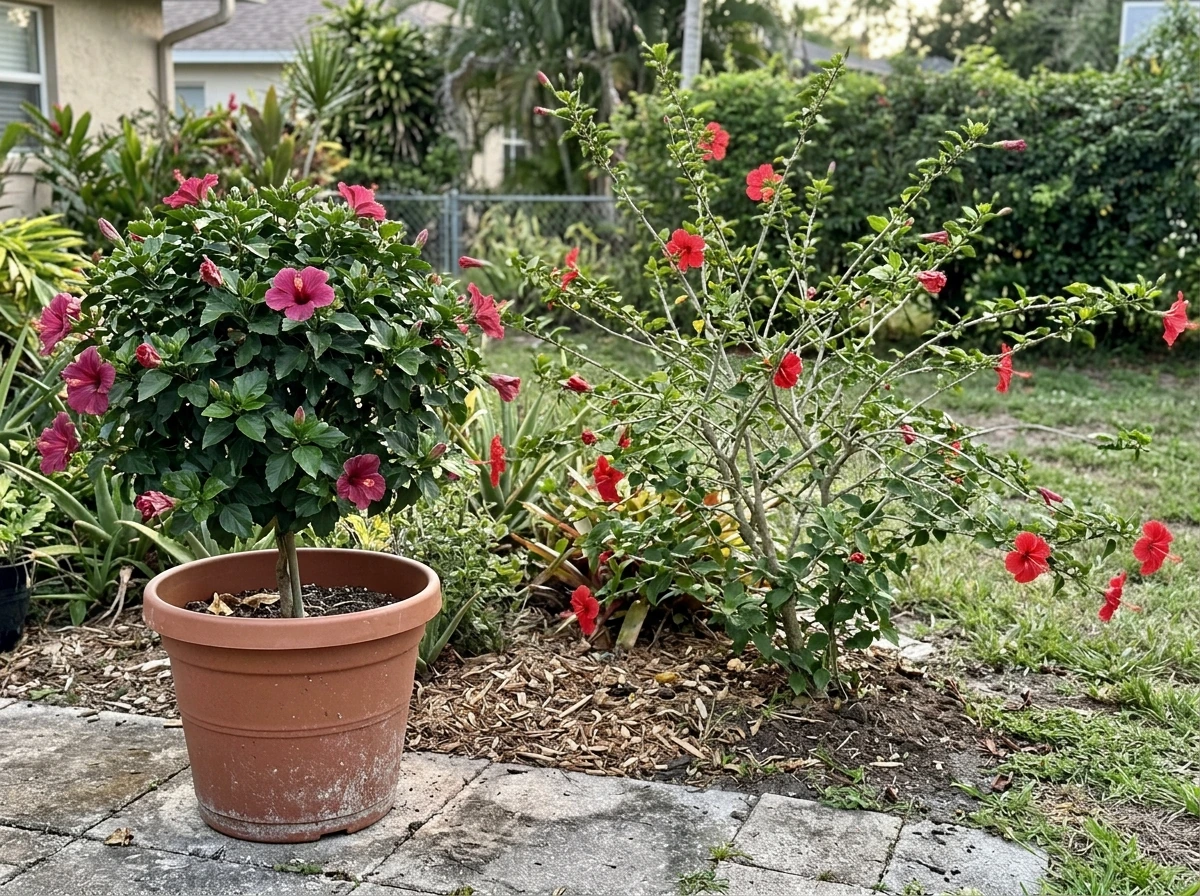 Potted hibiscus in a container next to in-ground hibiscus, showing different size forms