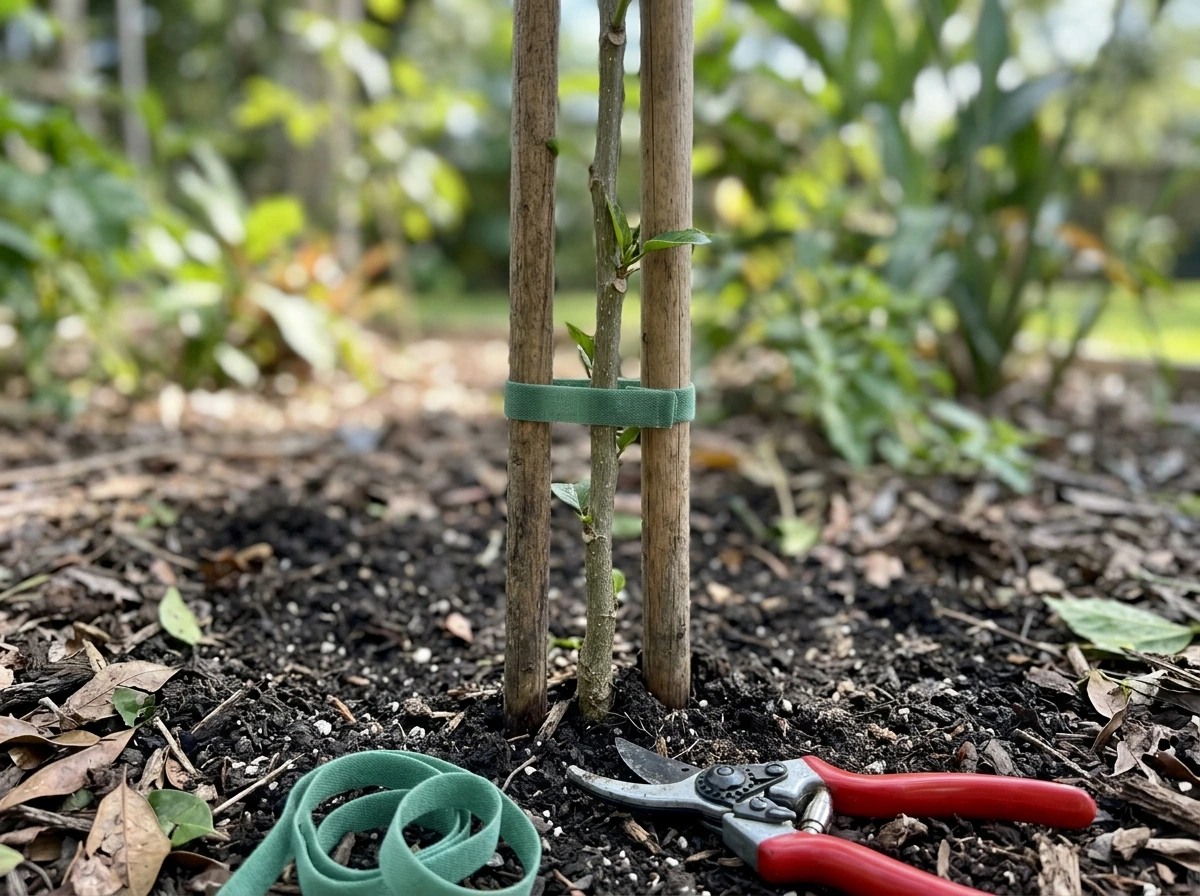 Grafting/training tools and a young hibiscus being shaped with stakes