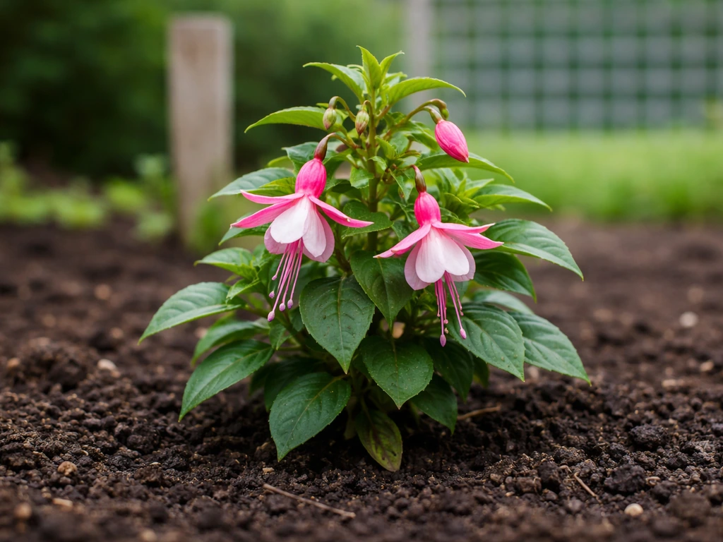 A fuchsia plant in garden soil with a subtle, blurred background suggesting hardiness zones.