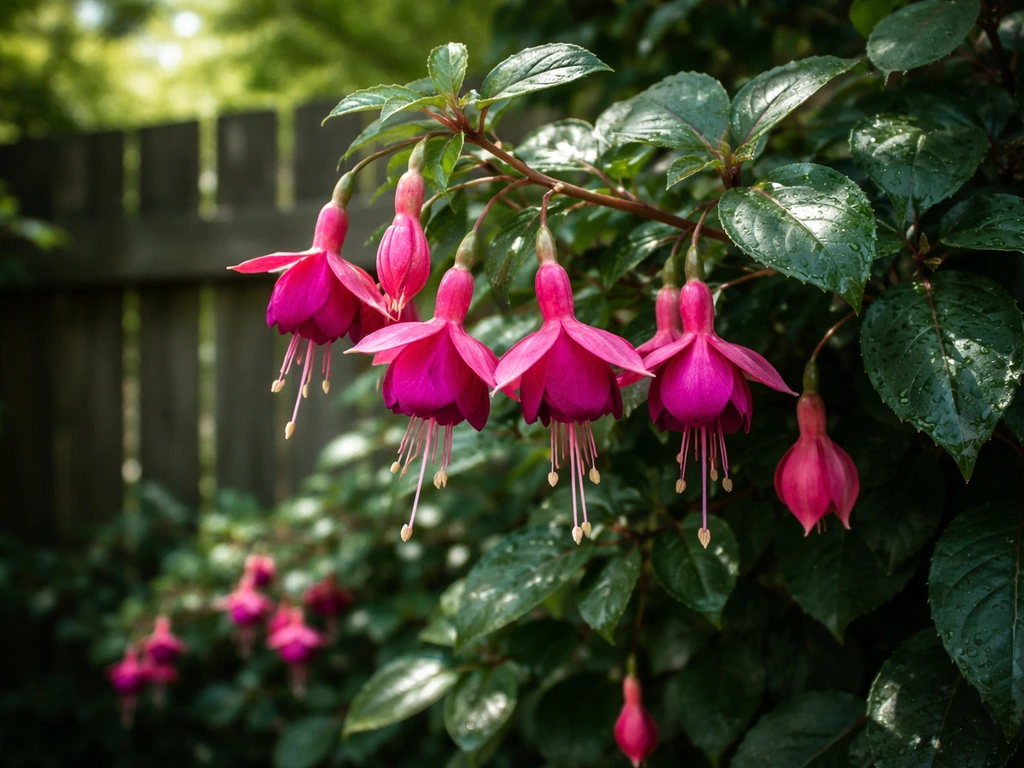 Close-up fuchsia plant leaves in dappled shade with soft morning light filtering through branches.
