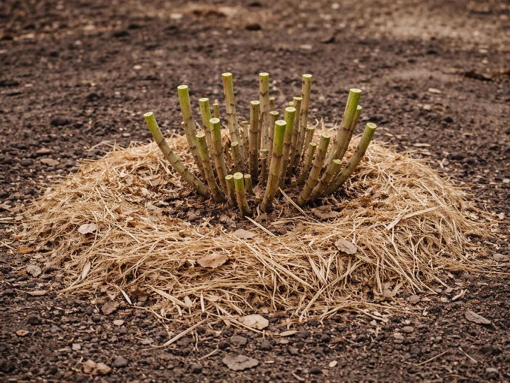 Pruned fuchsia stems cut short with a thick layer of straw and shredded leaves mulched around the base.