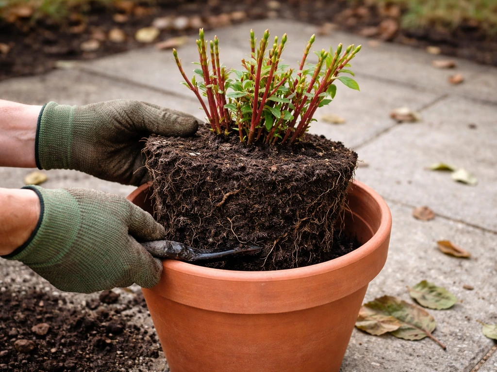 An intact fuchsia root ball being placed into a pot for overwintering, with minimal garden background.