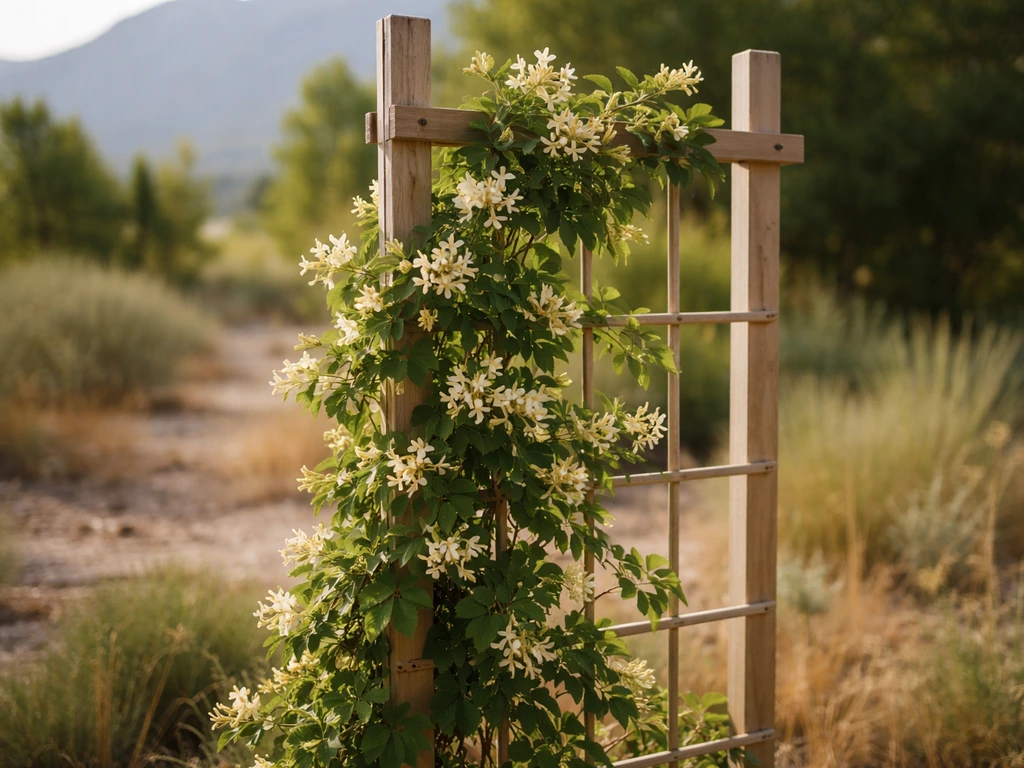 Honeysuckle vine blooming on a trellis in a Utah garden with distant mountains.