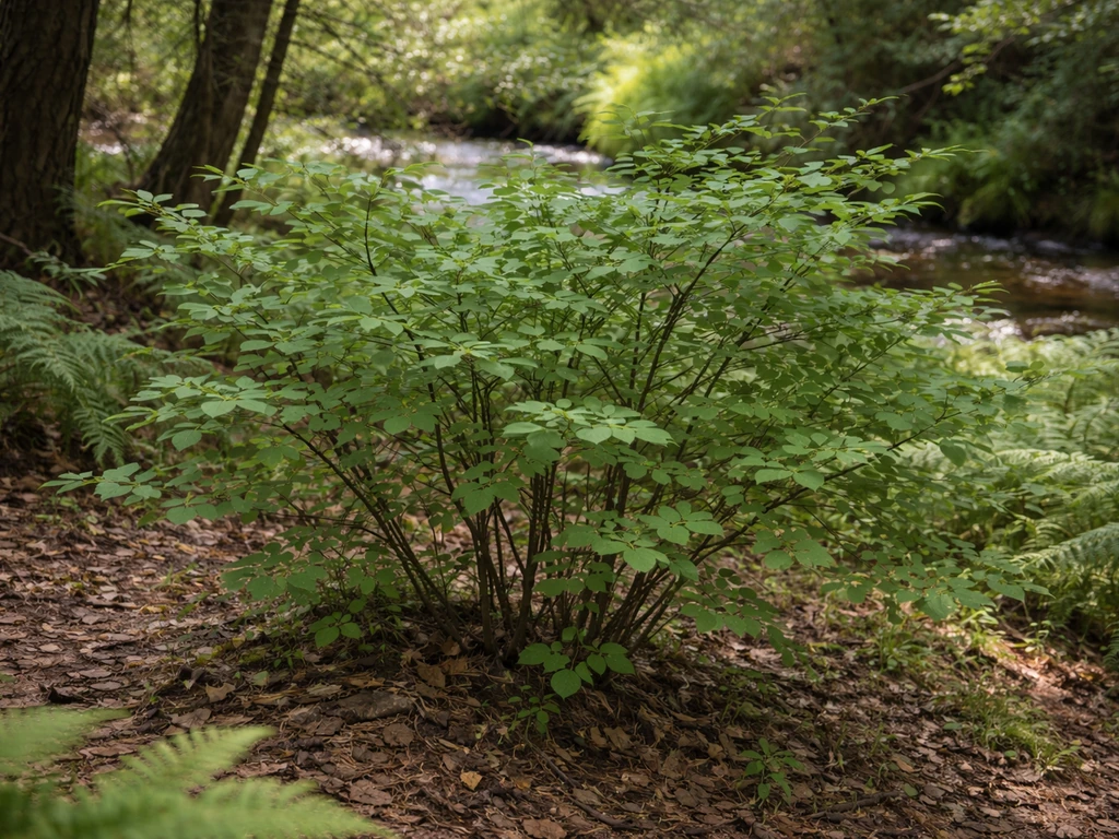 Utah honeysuckle shrub growing at a woodland edge, with green leaves and soft streamside light.