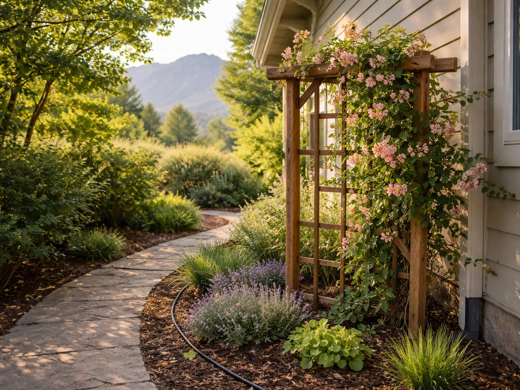 Honeysuckle climbing along a garden trellis on the Wasatch Front-style yard with mixed sun and shade.