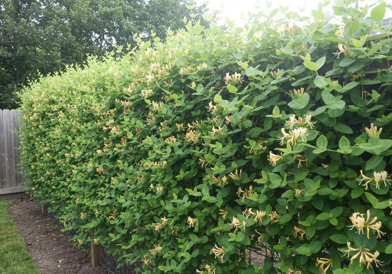 Lush honeysuckle vines blanket a flowering trellis fence, showing full coverage for planting ideas.