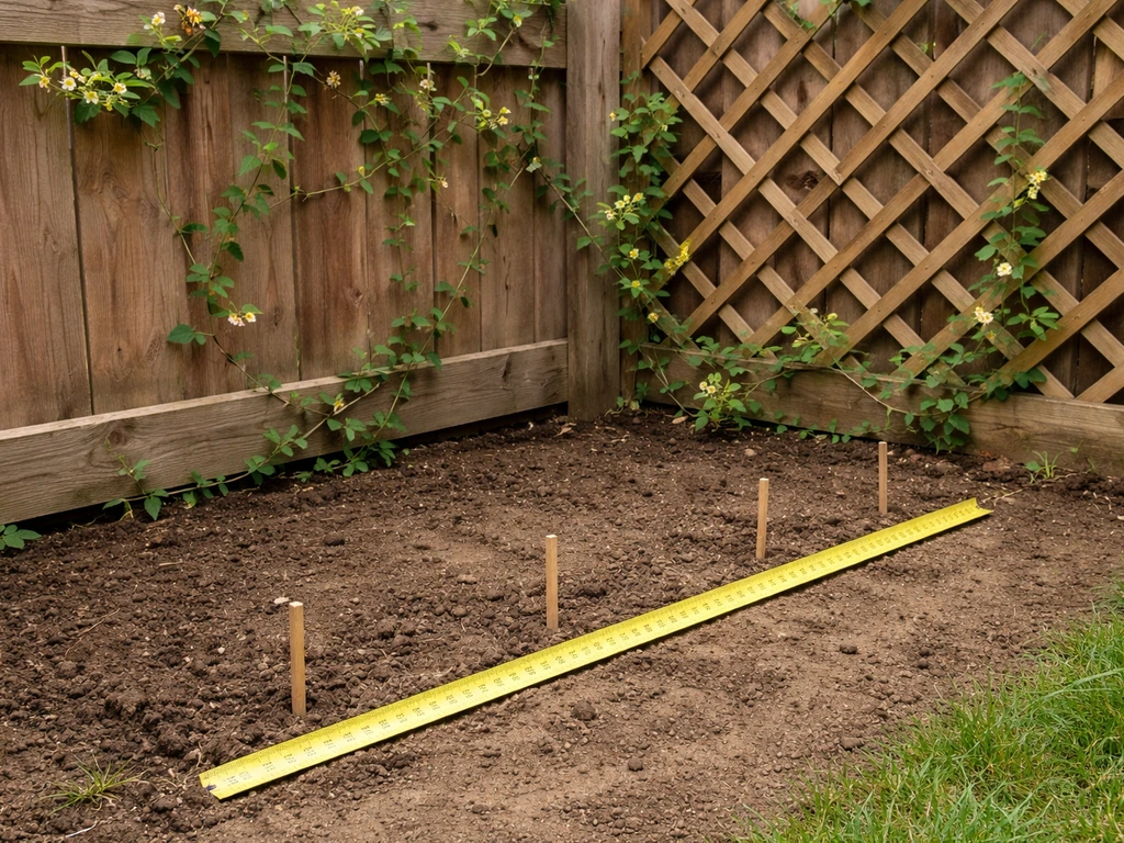 Minimal photo of yard measuring tape beside a trellis, with honeysuckle vines and a few spaced stakes