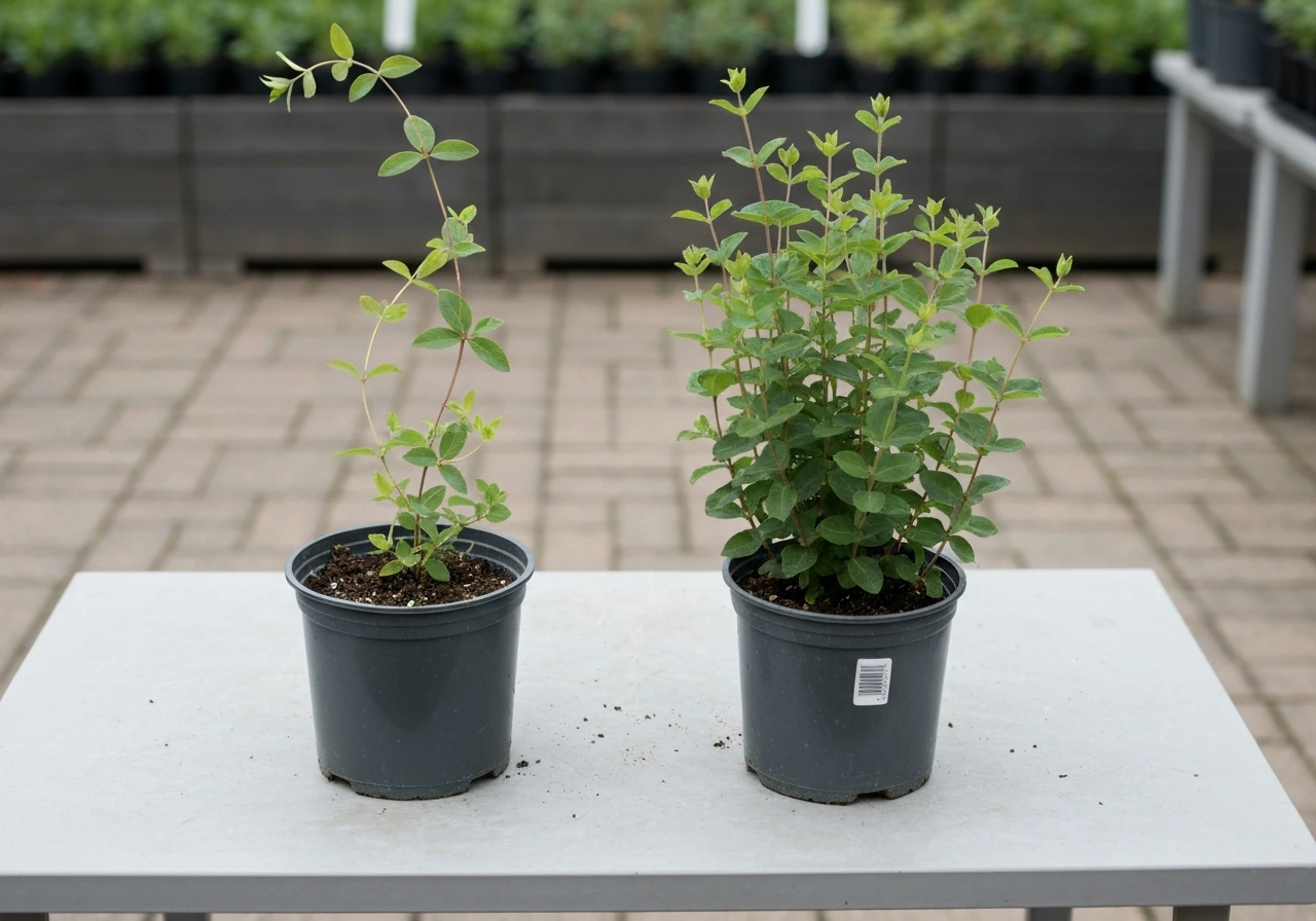 Side-by-side pots showing a honeysuckle vine on the left and a shrub type on the right in natural light.