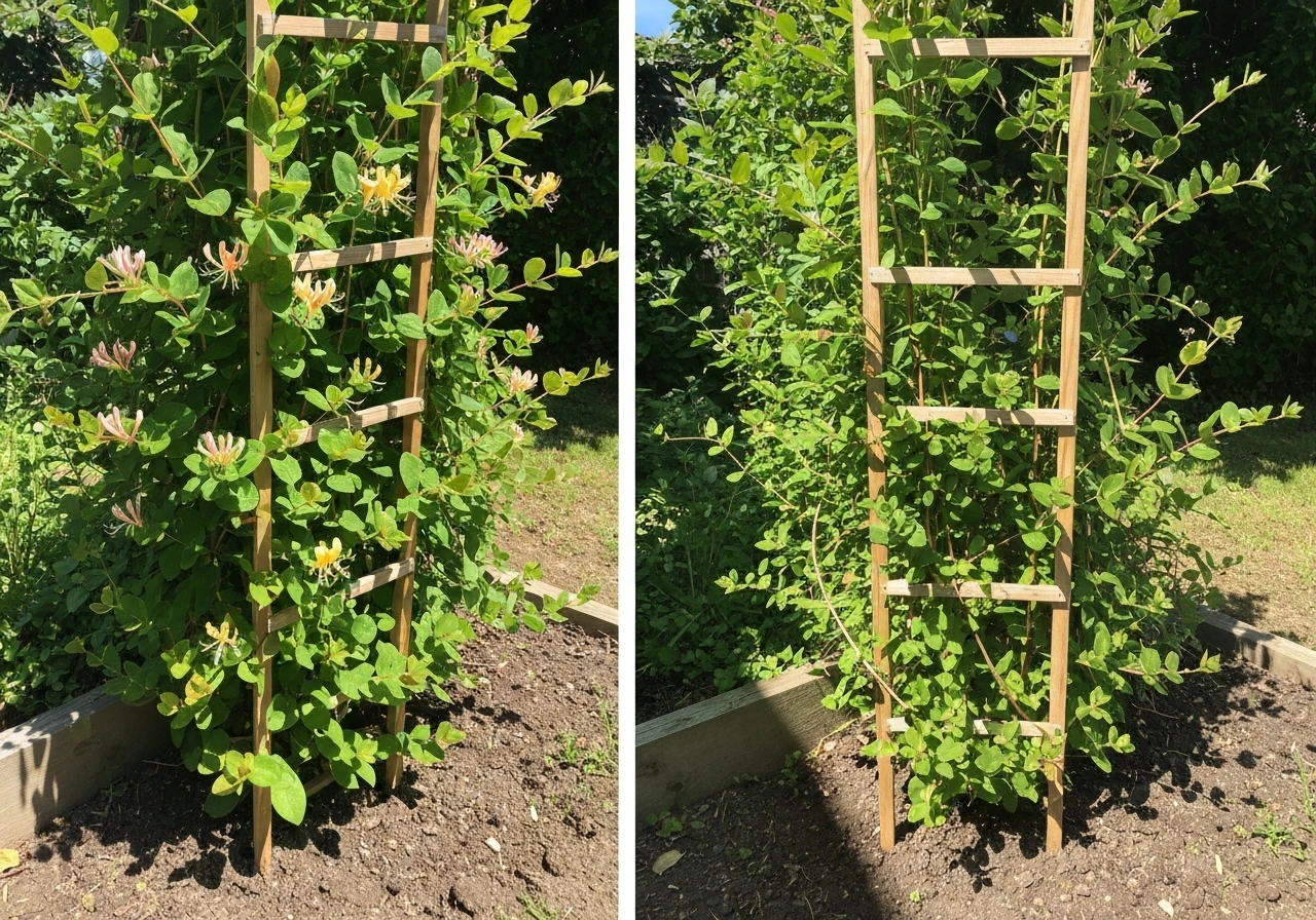 Split view: Japanese honeysuckle vine thriving in sun and thinner growth in partial shade