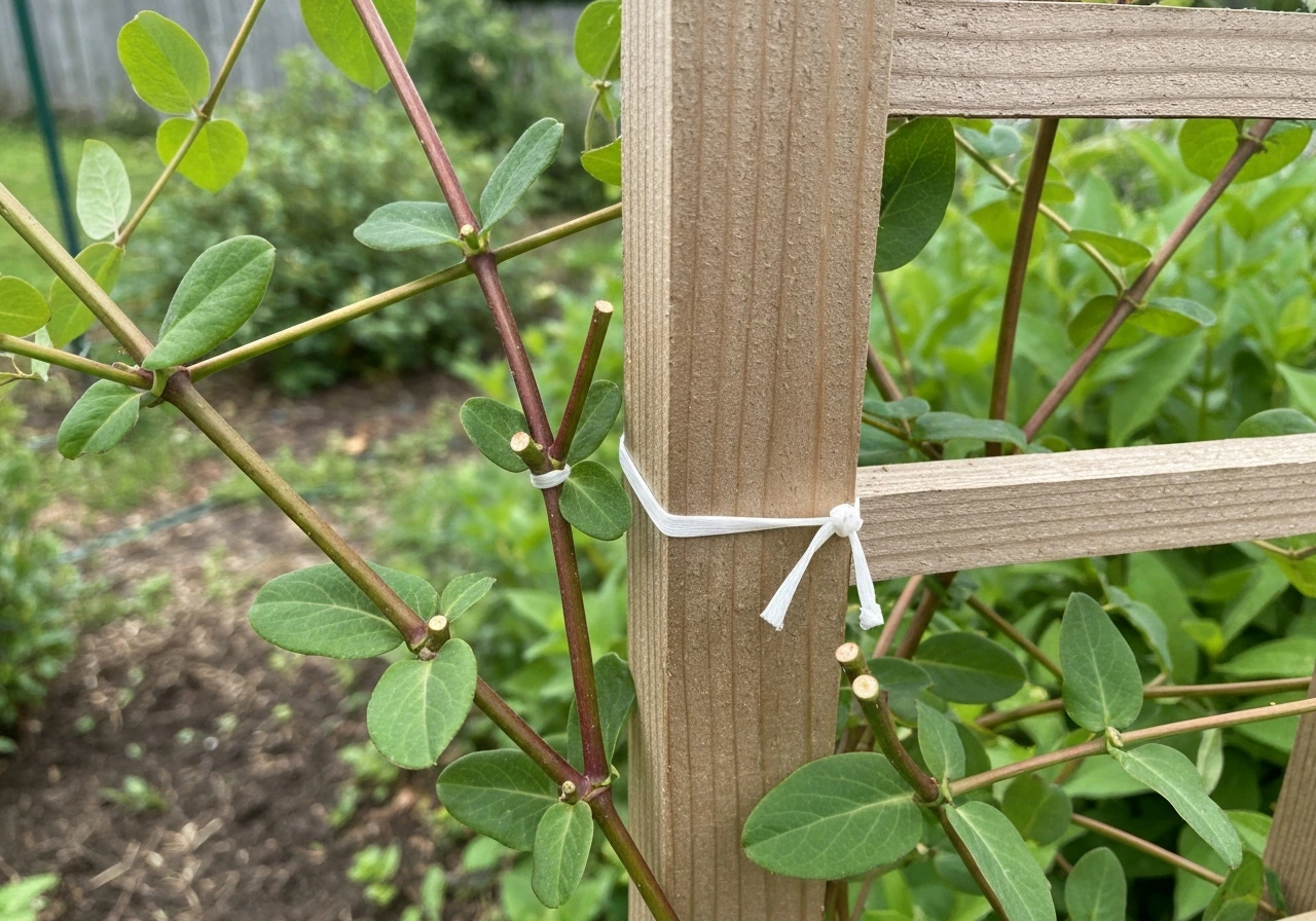 Close-up of honeysuckle vine stems with pruning cuts and a tied branch on a simple trellis