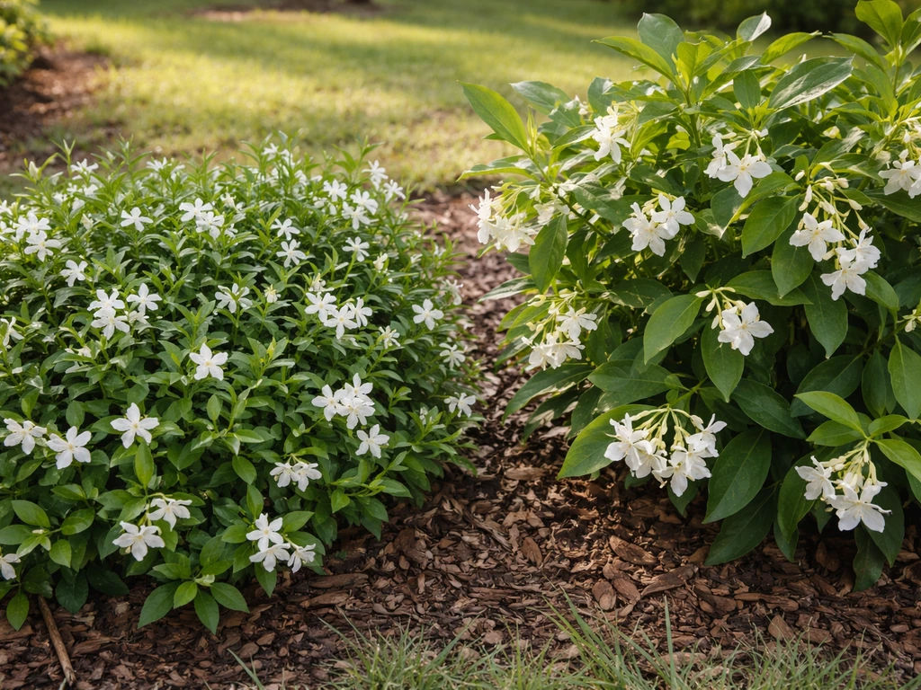 Two jasmine plants side by side in a simple Texas garden bed, showing different leaf and flower shapes.