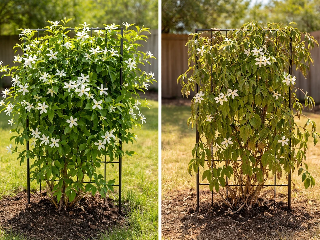 Split-frame photo of two jasmine plants: healthy outdoors vs stressed jasmine in hot sun.