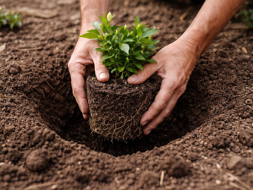 Gardener hands placing a jasmine root ball into a wider planting hole in garden soil