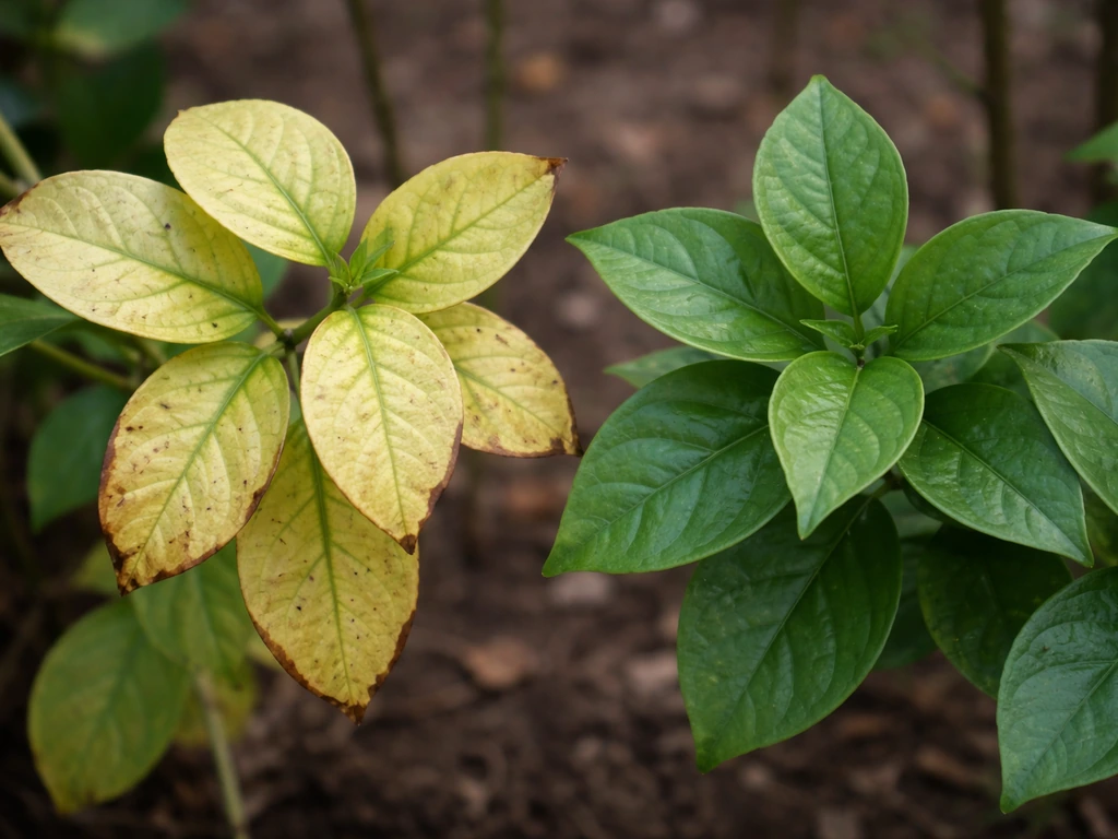 Close-up of yellowing jasmine leaves beside a healthy green sprig, showing contrasting winter stress foliage.