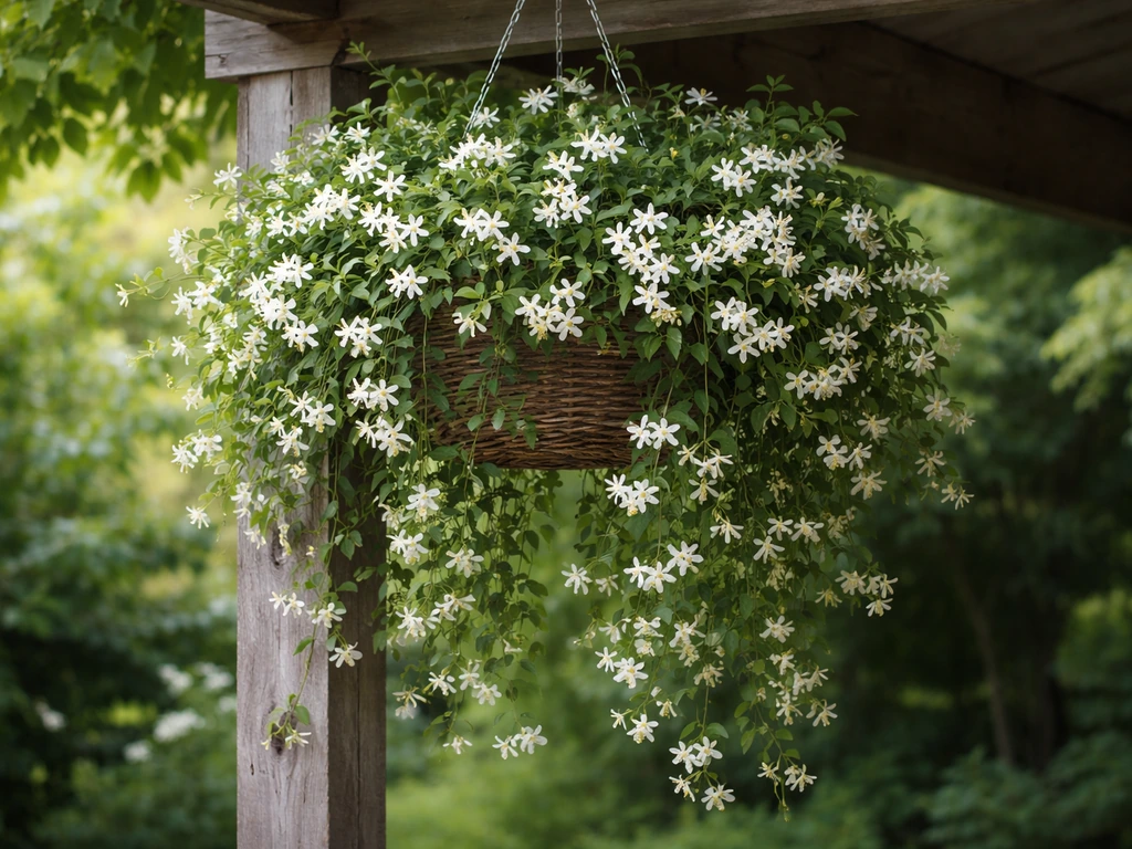 Lush flowering jasmine vine cascading from a hanging basket in soft daylight.