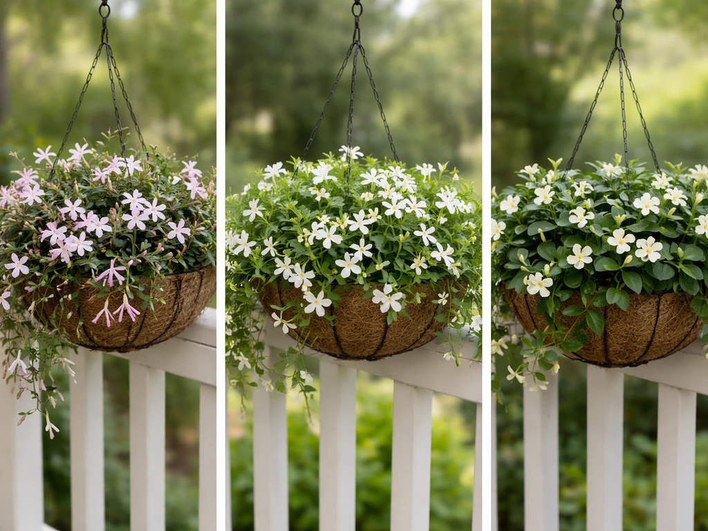 Three different jasmine-like hanging baskets side by side, showing distinct flower color and leaf shapes.