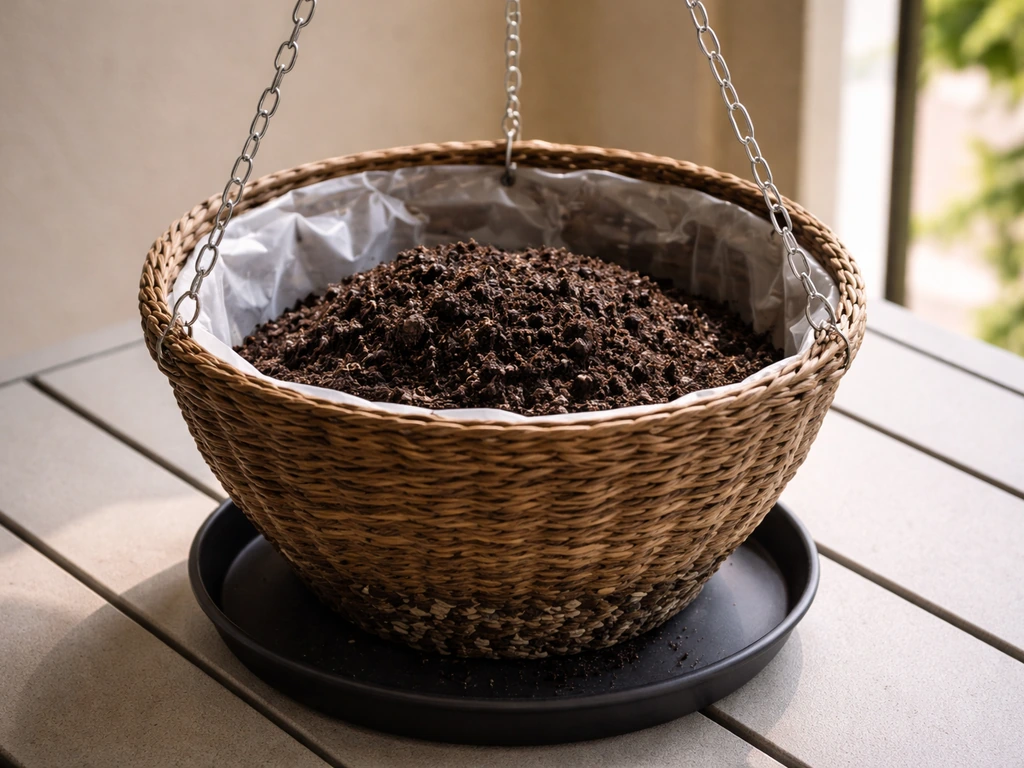 Close-up of an empty hanging basket filled with quality potting mix and visible drainage holes.
