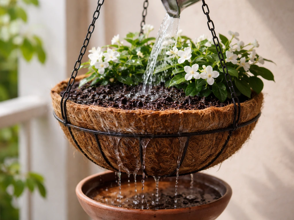 Water poured onto a hanging jasmine basket; water soaks through and drains, with a coco-fiber liner visible.