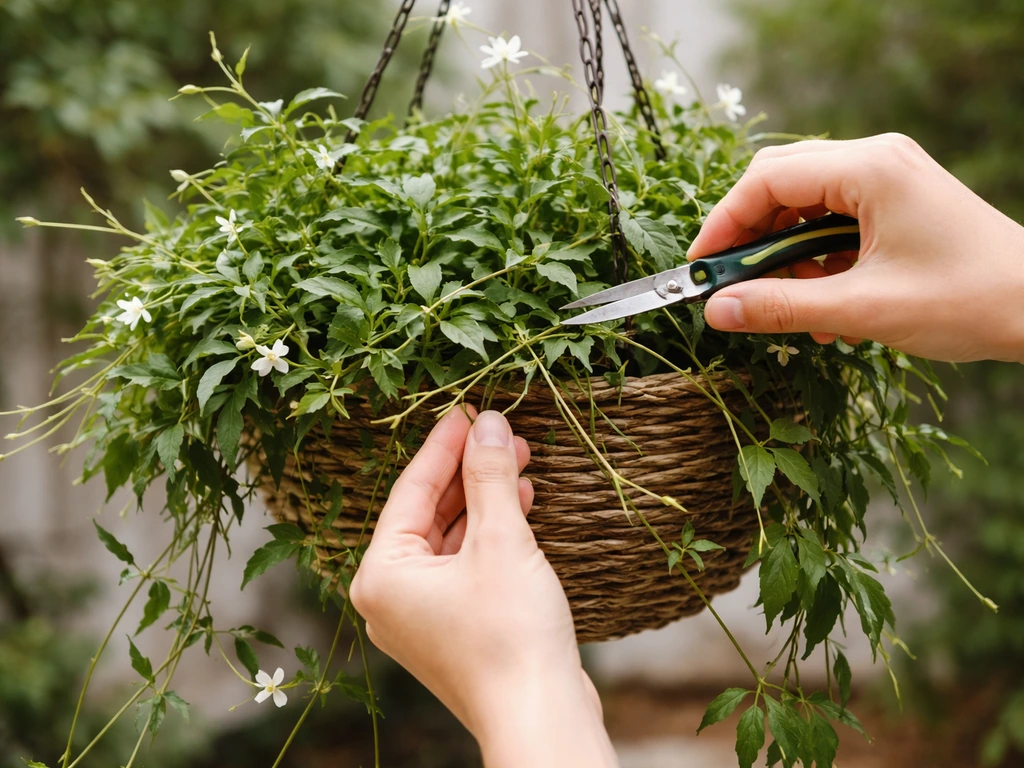 Anonymous hands snip long trailing jasmine stems in a hanging basket, removing tangled growth for fullness.