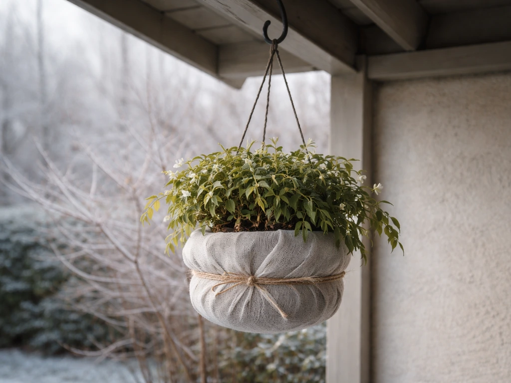 Hanging jasmine in a sheltered spot, covered to protect the roots during cold overwintering