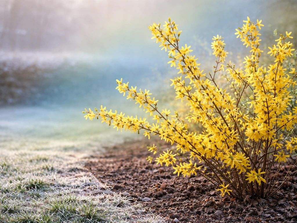 Yellow forsythia blossoms in early spring garden with subtle cold-zone color gradient behind, no text.