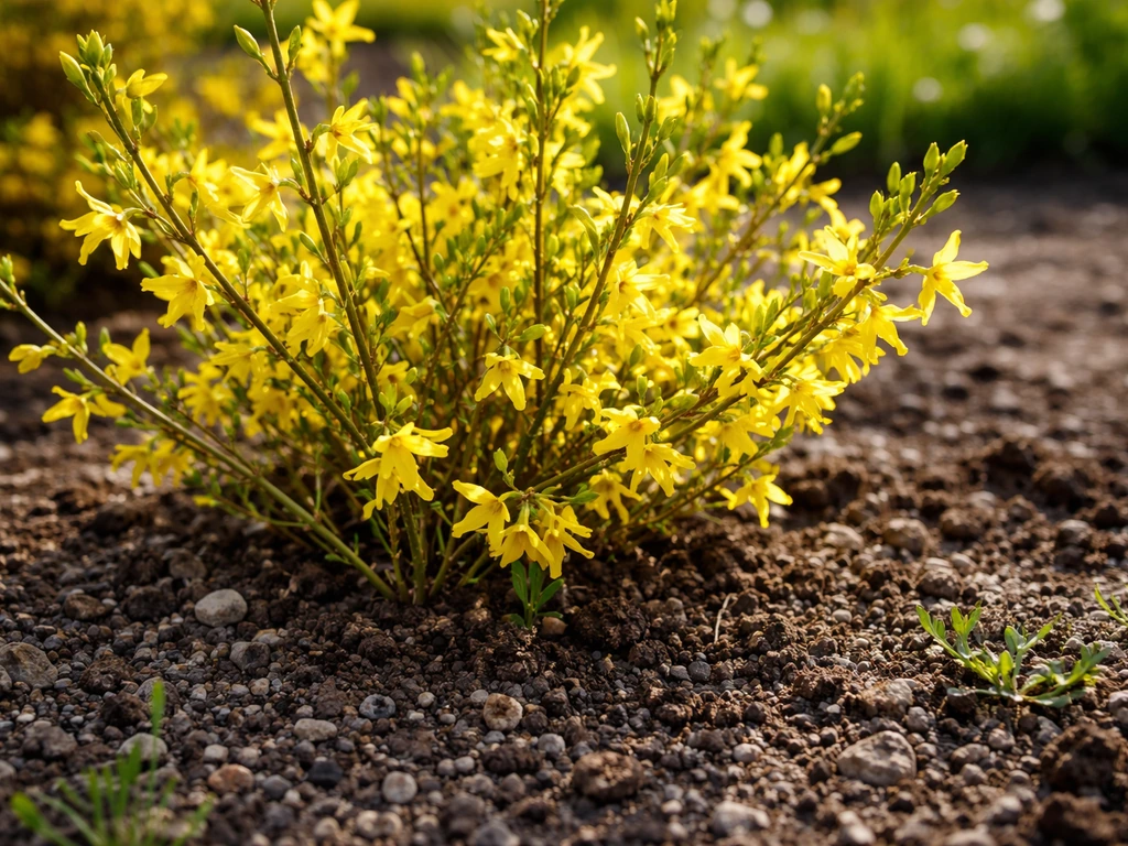 Forsythia in a full-sun garden bed with healthy growth and well-drained soil