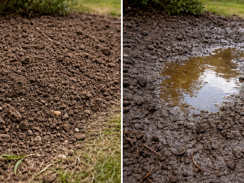 Split view of loose well-drained raised soil vs compacted waterlogged muddy ground for a shrub bed