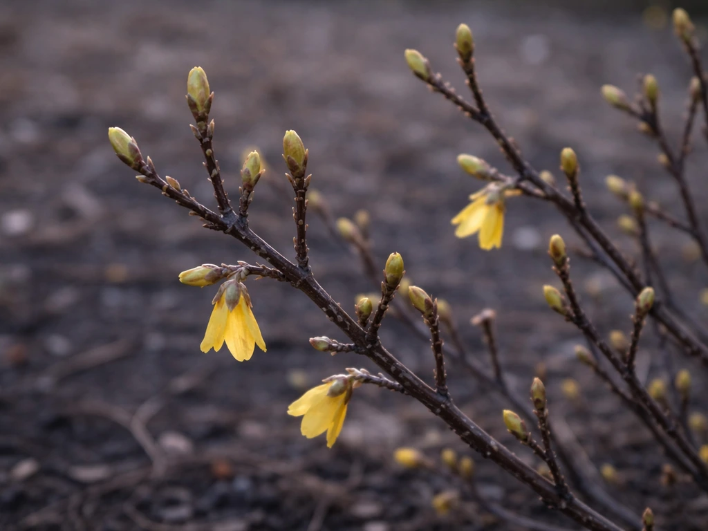 Forsythia shrub in late winter with swollen buds and a few early yellow blooms.