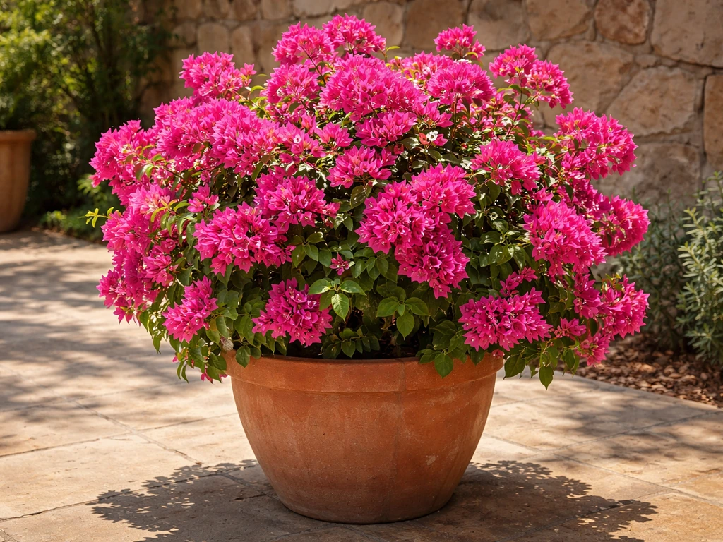 Magenta bougainvillea in a terracotta pot in bright sunlight against a simple warm backdrop.