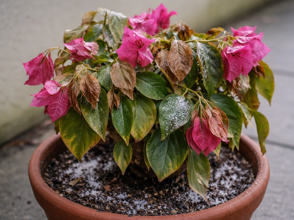 Bougainvillea leaves and pink bracts browned and drooping after frost on a cold garden walkway.