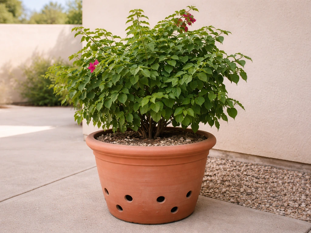 Bougainvillea in a large well-draining container outdoors in warm weather