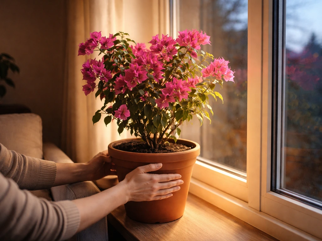 Hands move a potted bougainvillea indoors near a sunlit window as night temperatures cool.