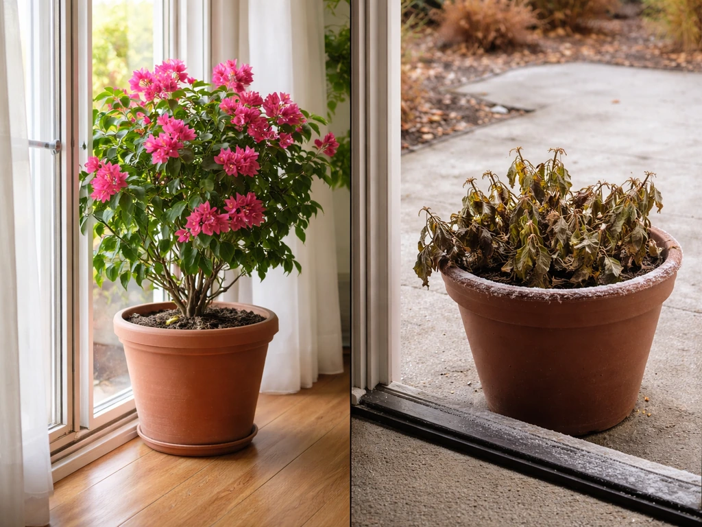 Bougainvillea in a pot moved indoors before frost, contrasting with a frost-damaged plant outdoors