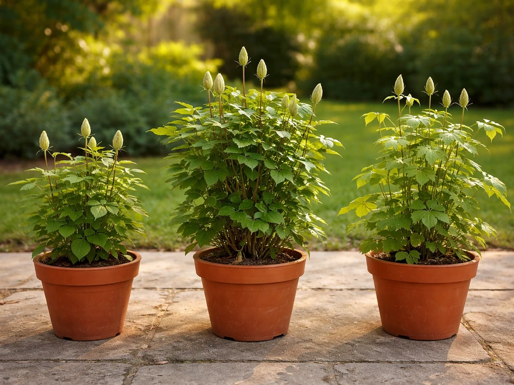 Close-up of three clematis plants in pots showing different growth habits in a sunny yard
