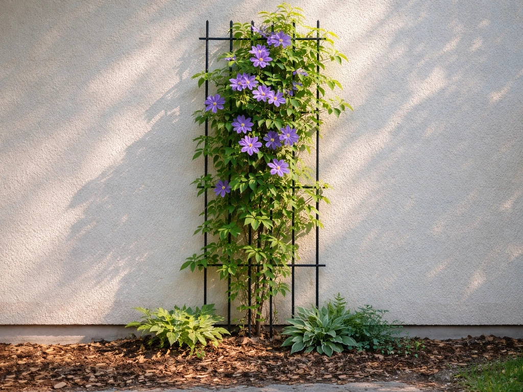 Clematis vine trained on a trellis with sunlit foliage and shaded, mulched root zone at the base
