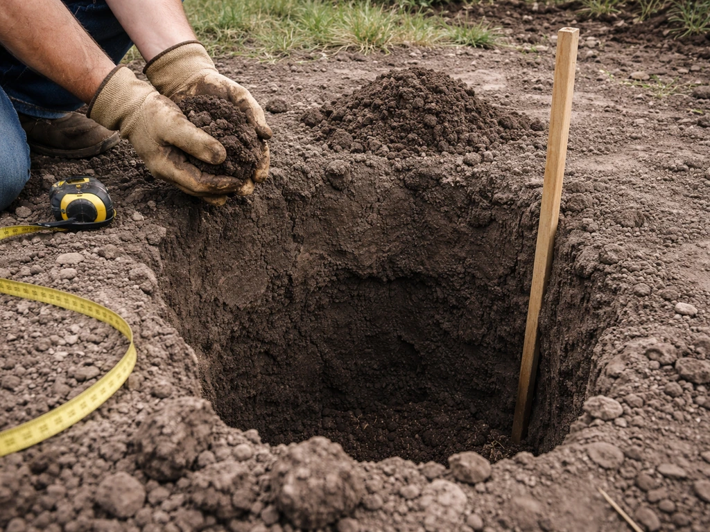 Anonymous gardener’s hands working amended soil in a deep planting hole of dark Texas clay.