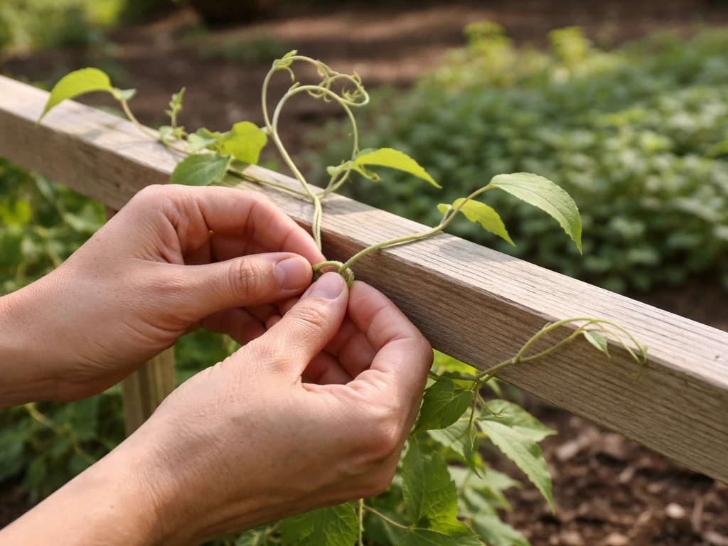 Garden worker gently guides a clematis vine tied loosely to a wide flat trellis rail in a Texas yard